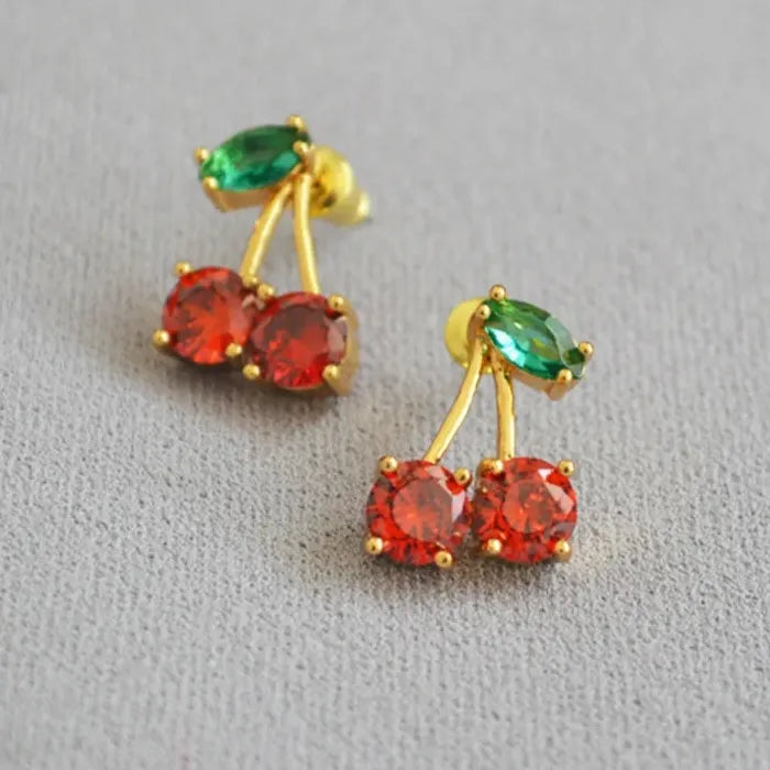 Red Zircon Fruit Leaf Stud Earrings Zinc Alloy Crystal Jewelry Gift