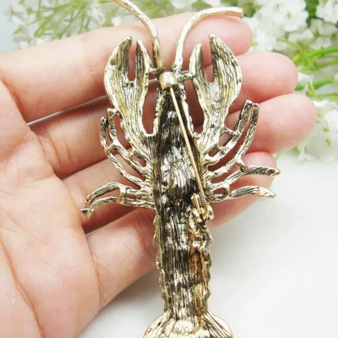 Pink Champagne Lobster Brooch Pin Rhinestone Crystal Corsage Jewelry