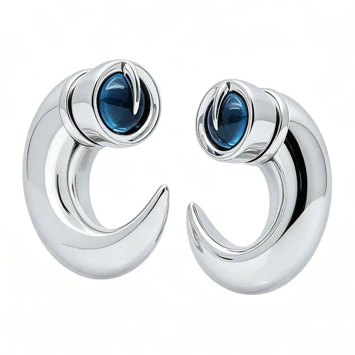 Copper Gothic Blue Gem C-Shaped Punk Earrings Unisex Statement Studs Jewelry
