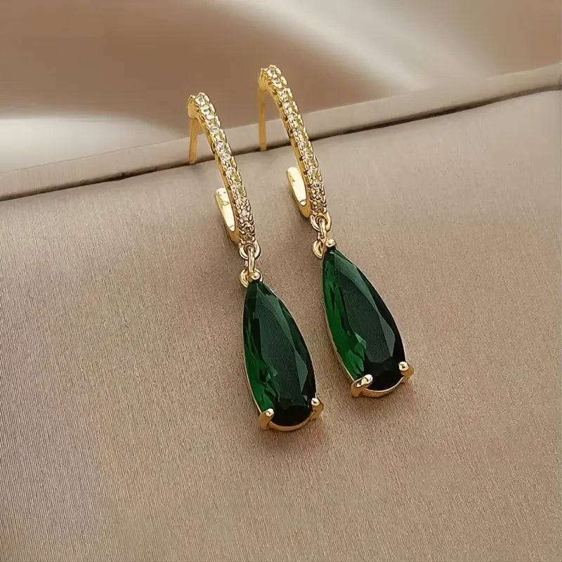 Pear Green Cubic Zirconia Drop Earrings for Women Gold Color Trendy Office Jewelry