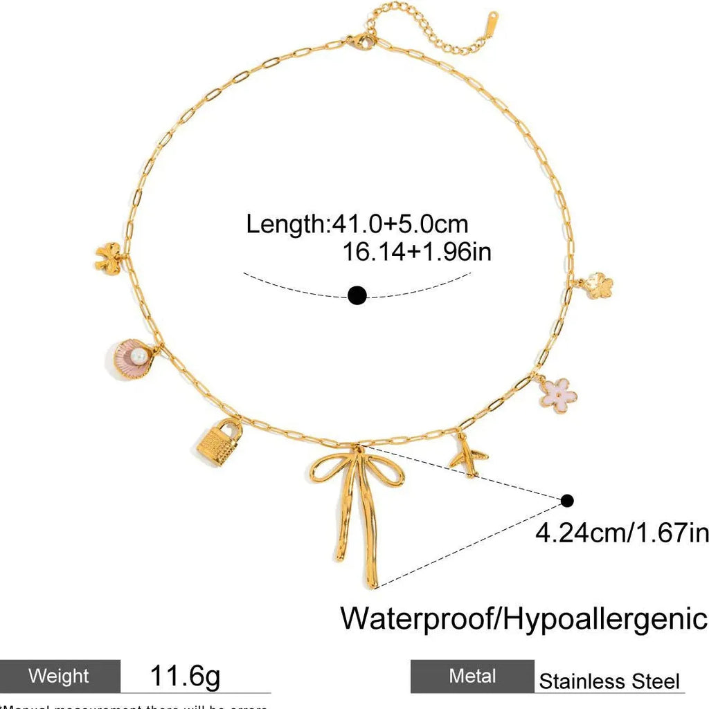 18K Gold Plated Stainless Steel Pink Shell Flower Bowknot Pendant Necklace Women
