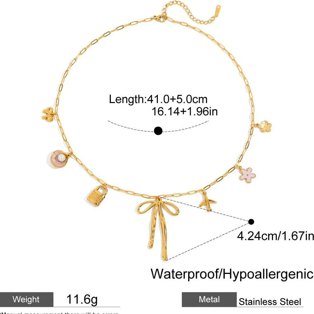 18K Gold Plated Stainless Steel Pink Shell Flower Bowknot Pendant Necklace Women