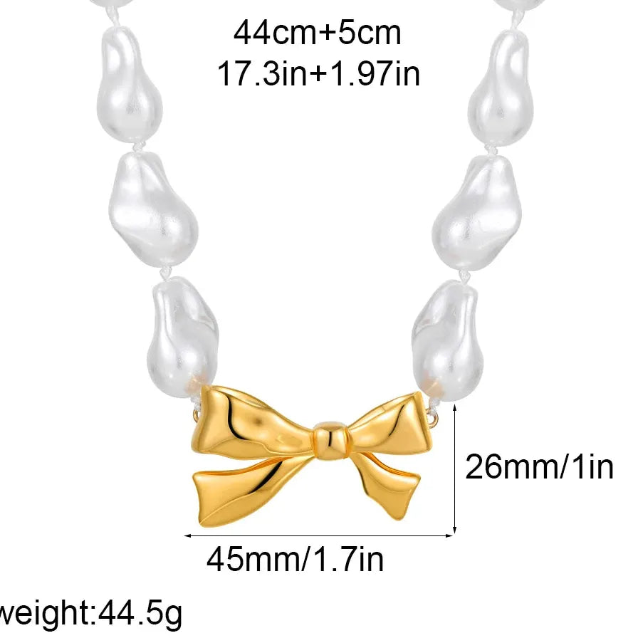Handmade Gold Bowknot Pendant Irregular Baroque Pearl Necklace for Women