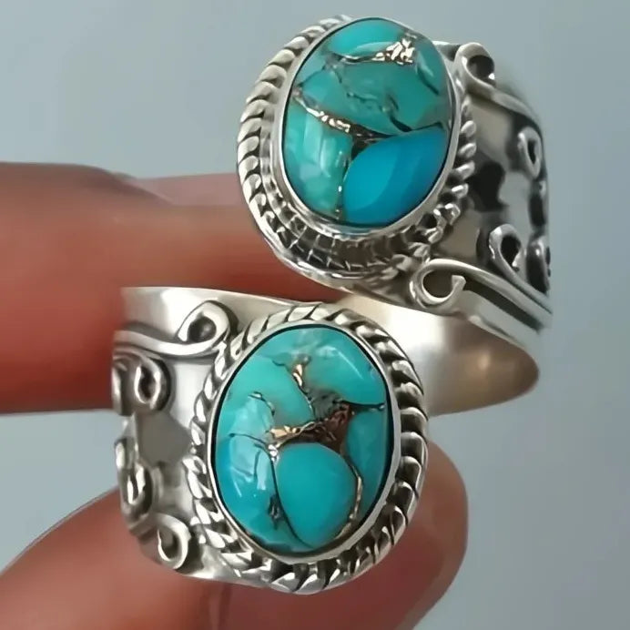 Adjustable Vintage Boho Cross Band Ring with Imitation Turquoise Stone