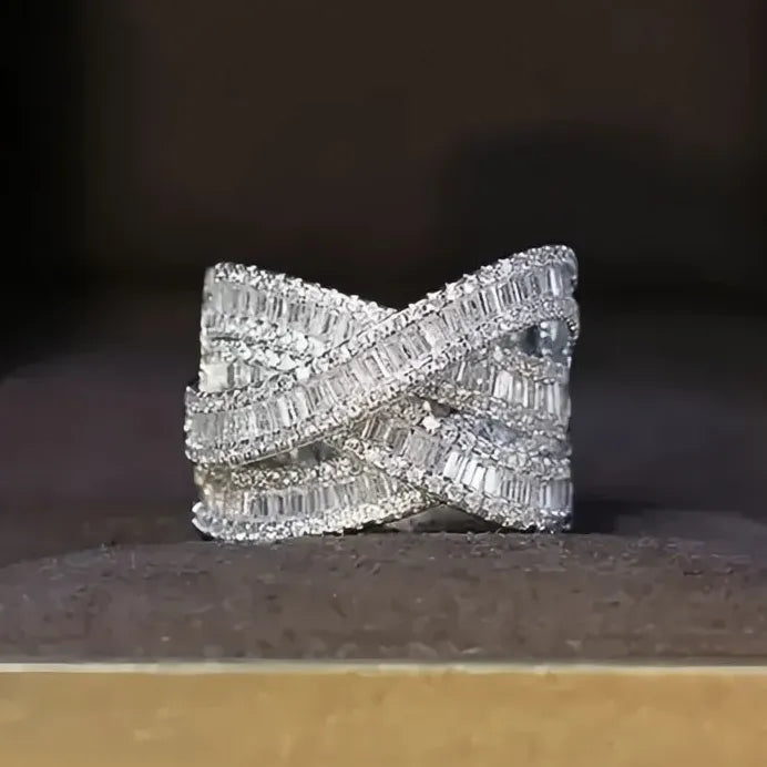 Brass Cubic Zirconia Cross Wedding Band Ring for Women Stylish Jewelry