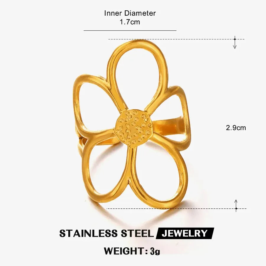 Vintage Stainless Steel Big Bloom Flower Cocktail Ring Black White Drip Oil