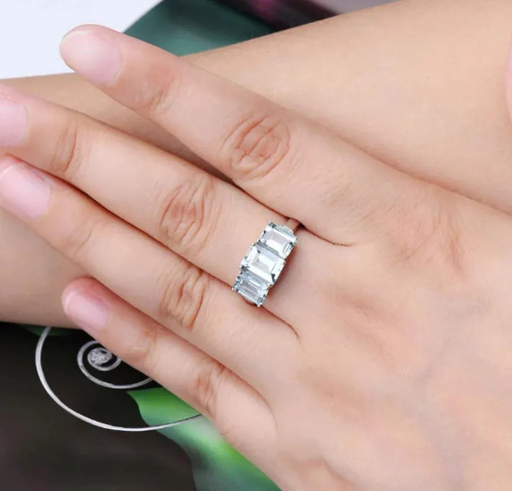 Silver Aquamarine Gemstone Ring for Women Zinc Alloy Wedding Party Jewelry Gift