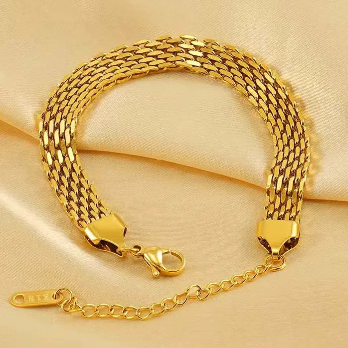 Vintage Gold Stainless Steel Cuban Bracelet Wide Mesh Edge Jewelry for Women Men