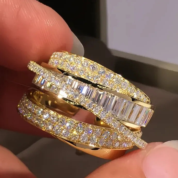 Luxury Gold Multi Cross CZ Brass Wedding Band Ring for Women Jewelry