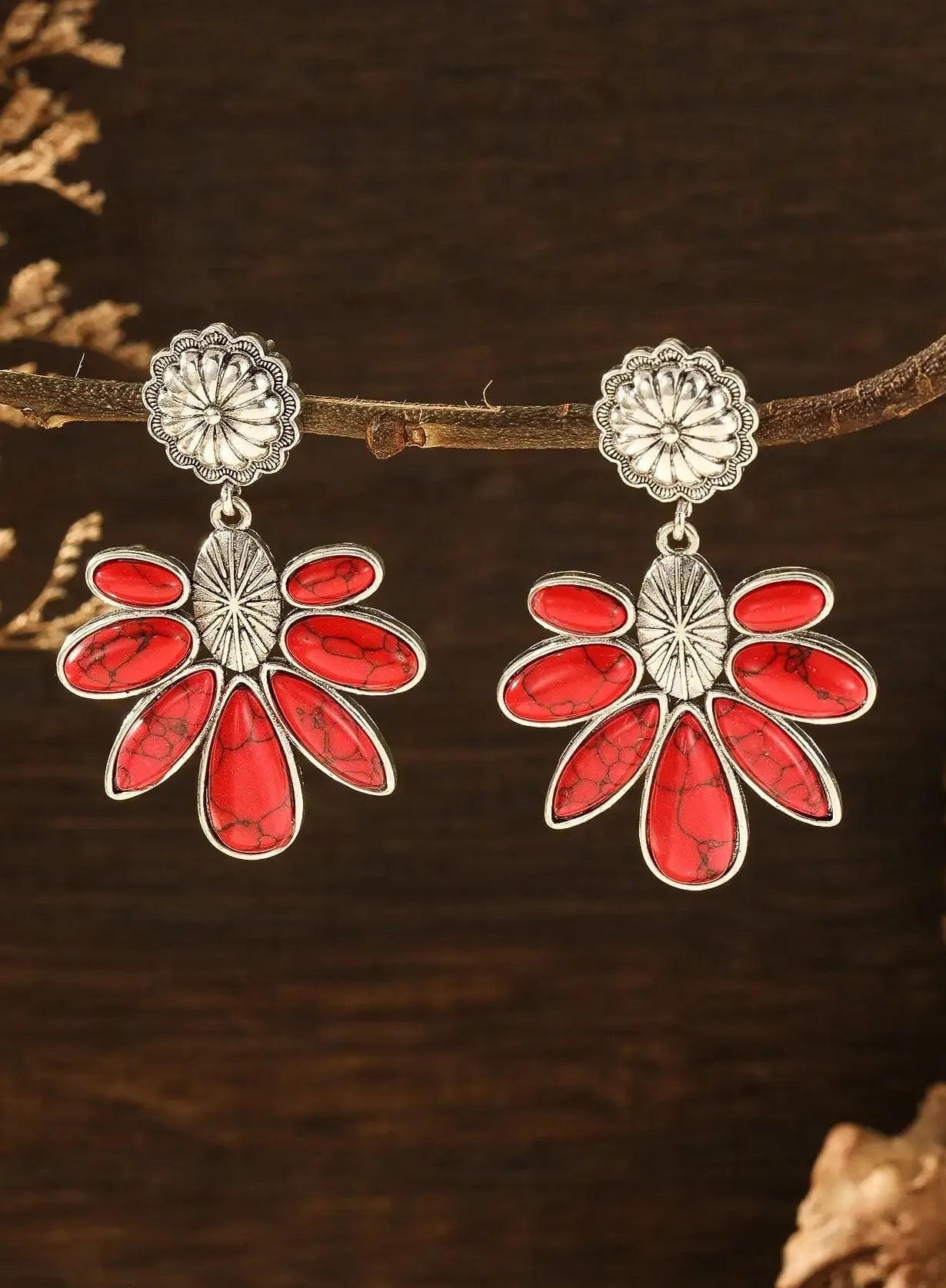 Vintage Tribal Ethnic Blue Rose Red Gemstone Zinc Alloy Earrings for Women