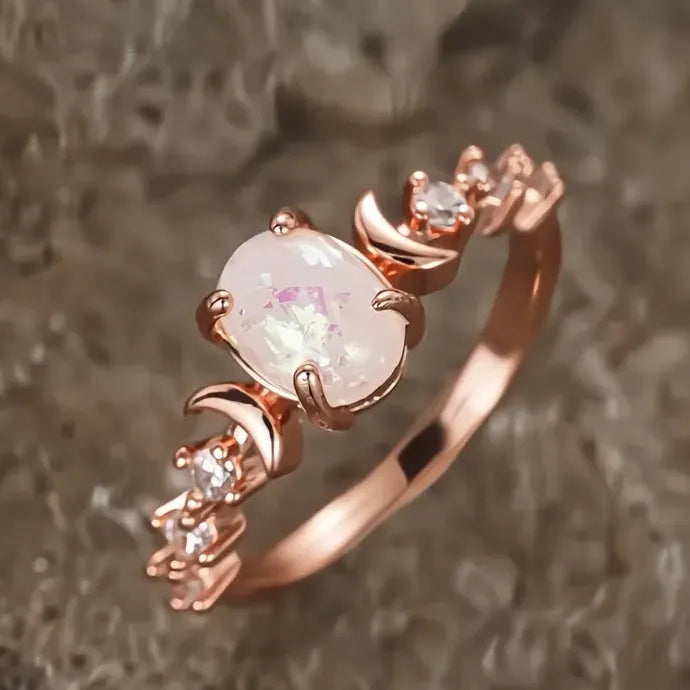 Oval Imitation Opal Wedding Band Ring for Women Brass Cubic Zirconia Jewelry