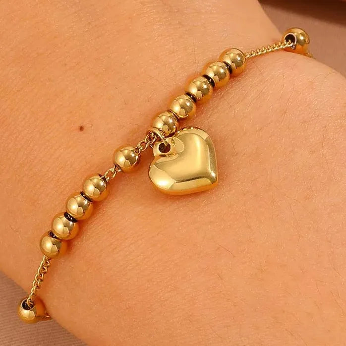 Stainless Steel Gold Heart Pendant Bracelet Women Metal Beaded Bangle Jewelry