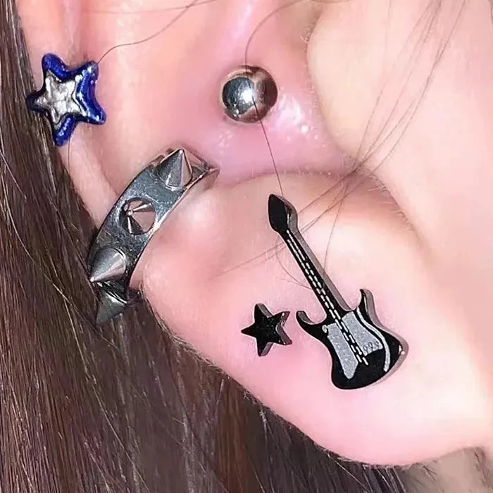 Star Guitar Punk Goth Titanium Steel Stud Earrings for Men Women