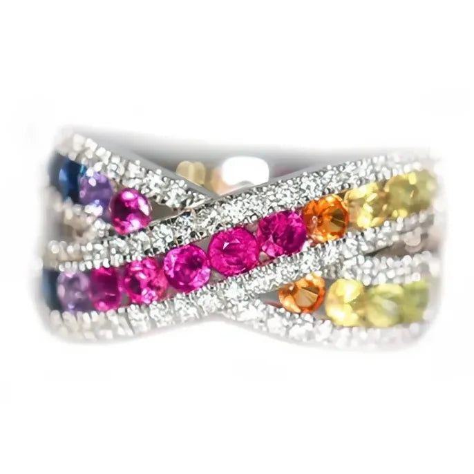 Rainbow Cubic Zirconia Cross Ring Silver Brass Wedding Party Jewelry for Women