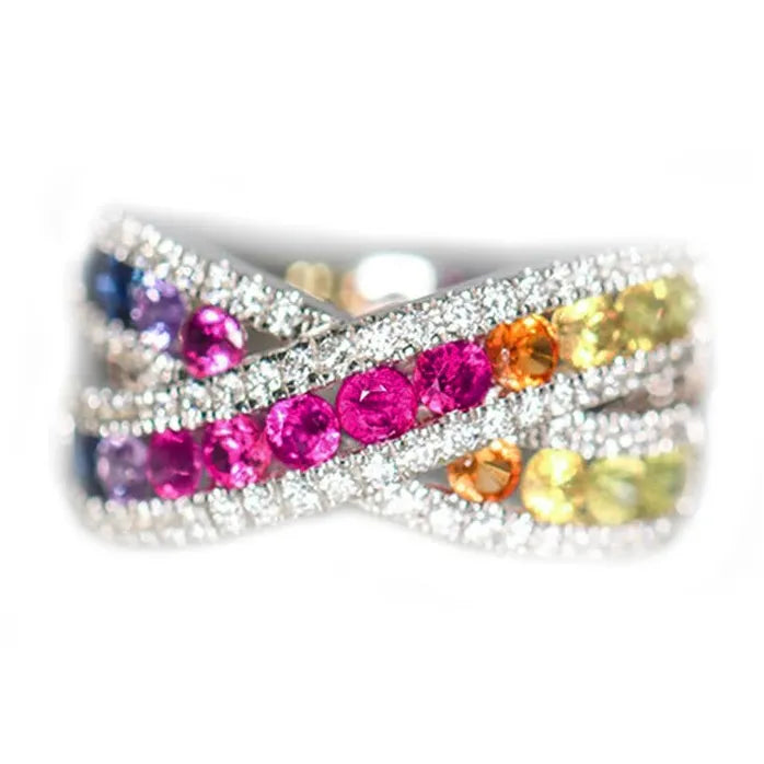 Rainbow CZ Iced Out Silver Cross Ring for Women Wedding Party Jewelry