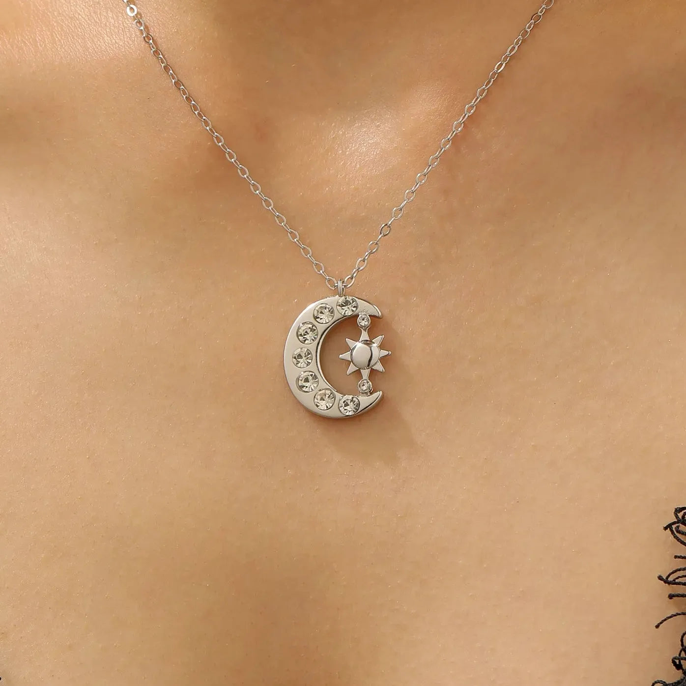 Zircon Moon Sun Pendant Necklace Copper Chain Vintage Gift 2026