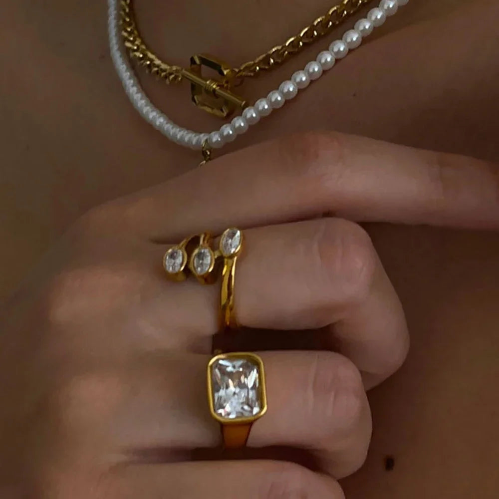 18K Gold Plated Three Layer Metal Zircon Wedding Ring for Women Oval Crystal