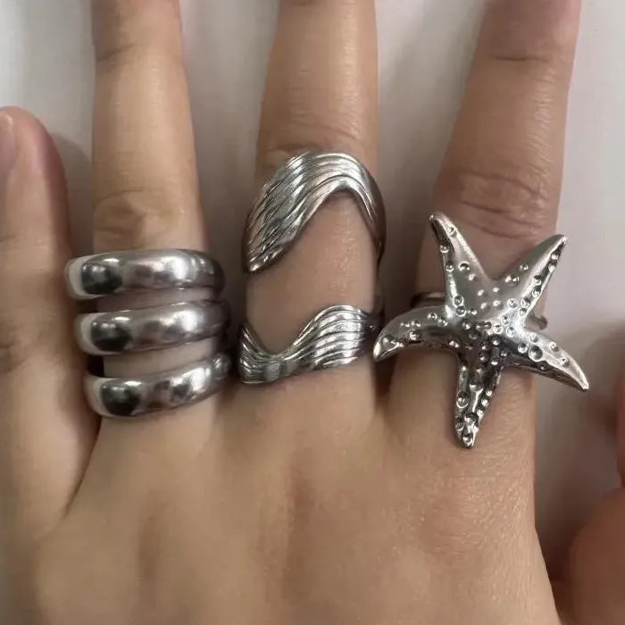 Adjustable Stainless Steel Starfish Multi-Layer Vintage Silver Ring for Women Men Jewelry