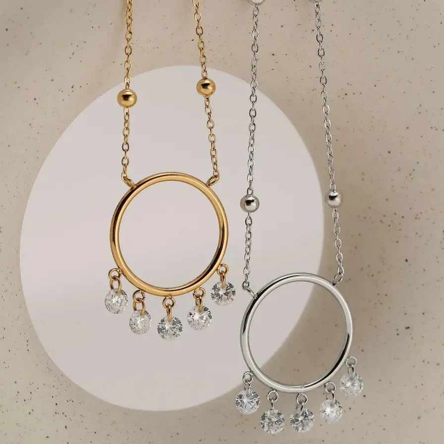 Minimalist Big Circle Zircon Pendant Necklace 18K Gold Plated Crystal Choker Waterproof Jewelry