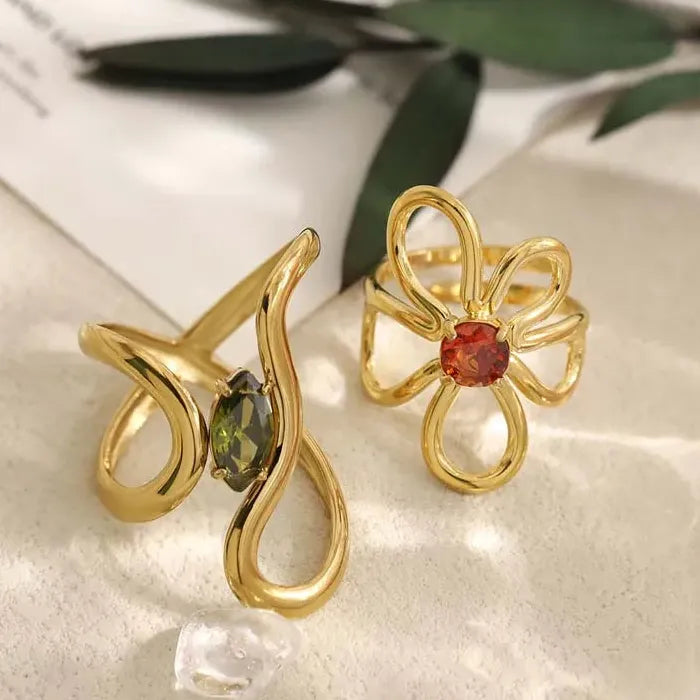 Stainless Steel Women’s Irregular Flower Ring Green Zircon Trendy Jewelry 2026