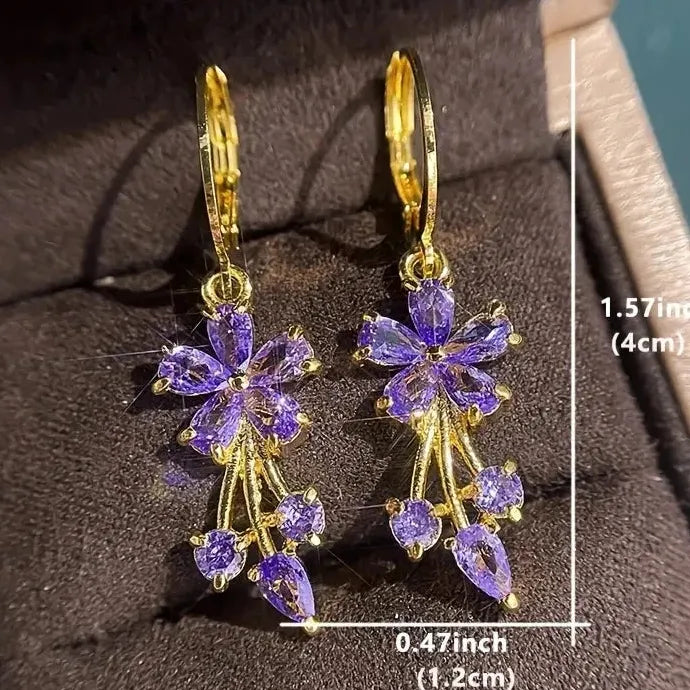 Luxury Gold Flower Drop Earrings Women Multicolor Cubic Zirconia Zinc Alloy