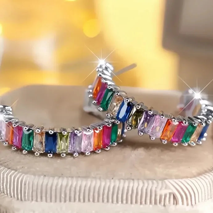 Women Geometric Hoop Earrings Silver Copper Alloy CZ Multi-Color Wedding Jewelry