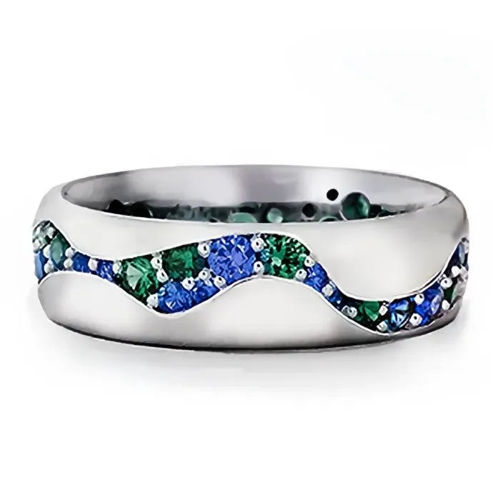 Silver Green Blue CZ Geometric Brass Band Ring for Women Stylish Jewelry