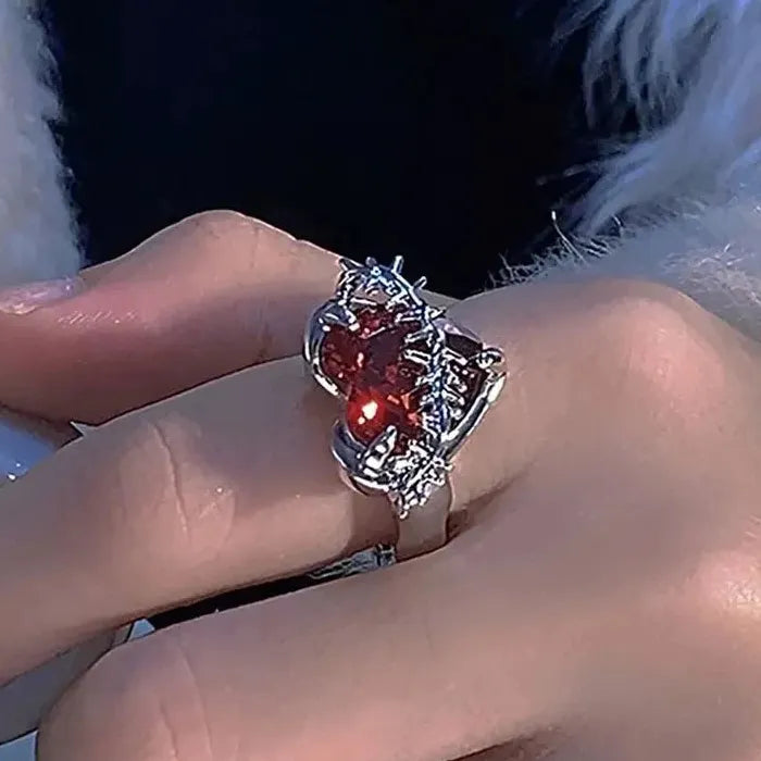 Y2K Red Crystal Heart Adjustable Punk Vintage Ring for Women Jewelry