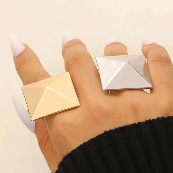 Adjustable Geometric Square Pyramid Open Ring for Women Jewelry Gift