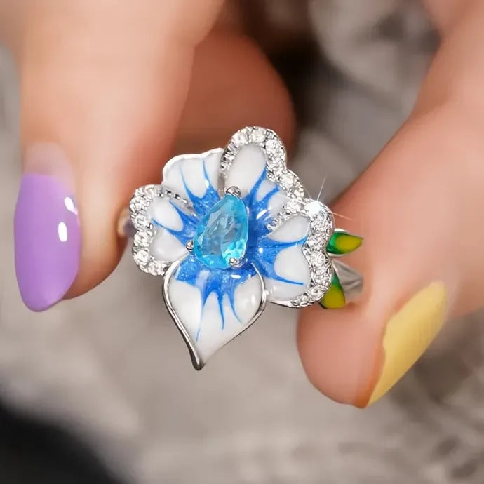 Elegant Blue Flower Plant Motif Cubic Zirconia Brass Ring for Women Party Jewelry