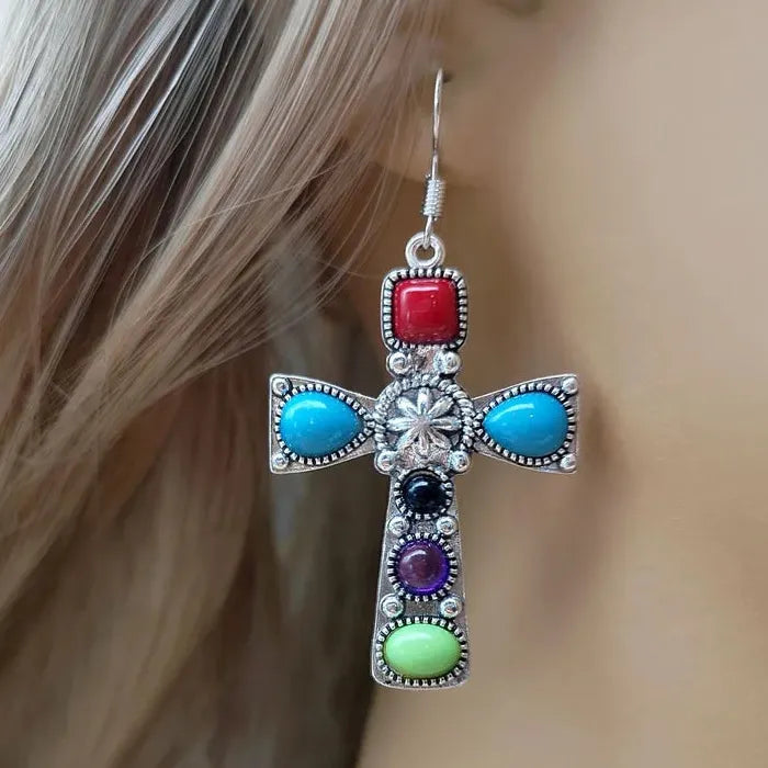 Vintage Bohemian Style Colored Gemstone Inlaid Pendant Drop Earrings for Women