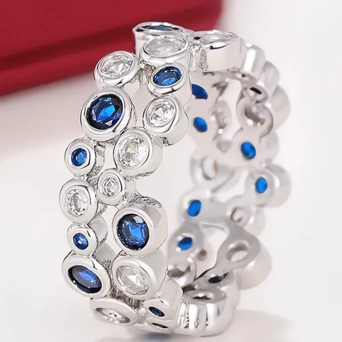 Women’s Silver Cubic Zirconia Wedding Band Ring Brass Blue White Jewelry