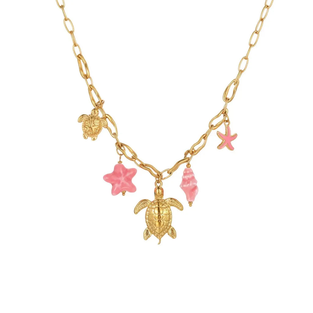 Stainless Steel Pink Starfish Conch Shell Pendant Necklace Waterproof Choker Jewelry
