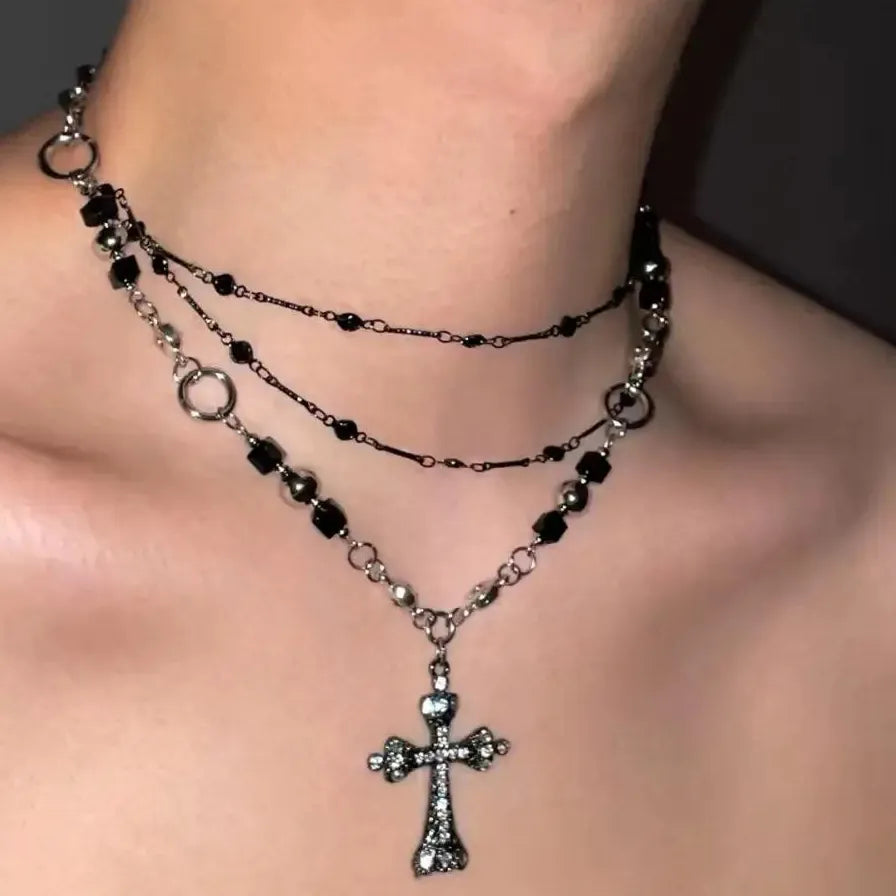 Punk Hiphop Black Cross Pendant Necklace Y2K Gothic Rhinestone Jewelry