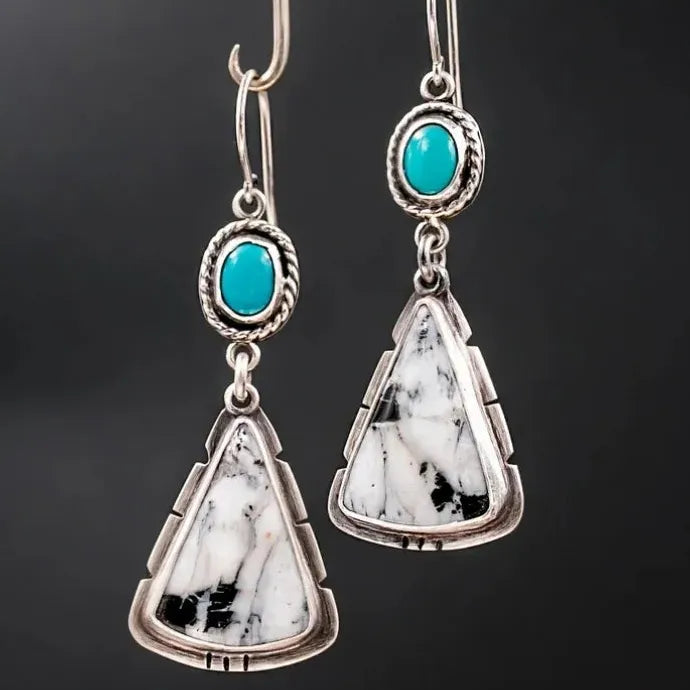 Women’s Blue Resin Inlaid Retro Handmade Metal Pendant Drop Earrings