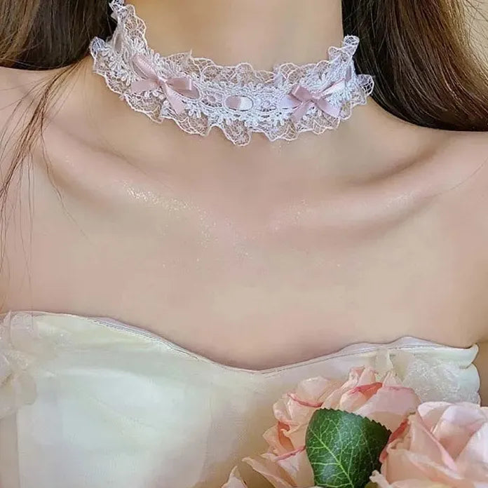 Elegant White Lace Bowknot Cotton Choker Necklace for Women Girls Jewelry
