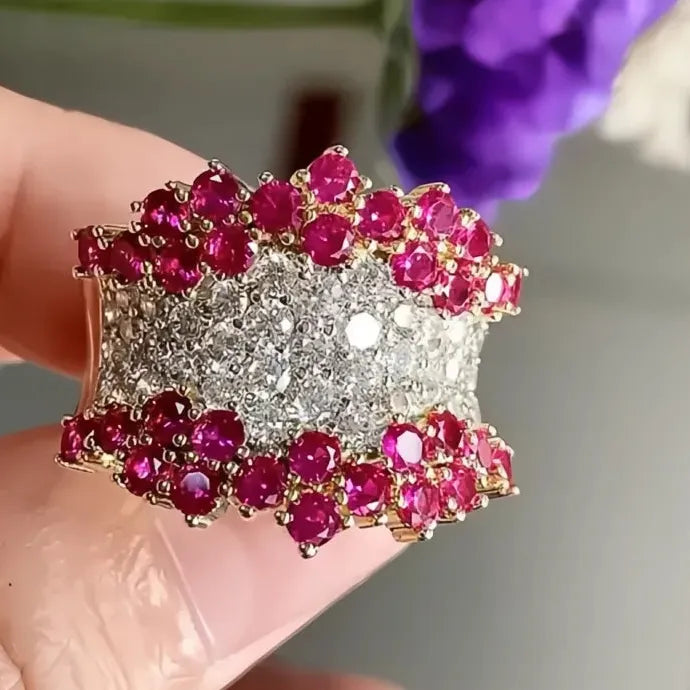 Gold Brass Cocktail Ring for Women with White & Red Cubic Zirconia Jewelry