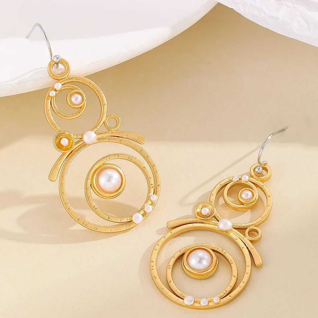Handmade Bohemian Round Imitation Pearl Earrings Metal Carved Pendant Jewelry