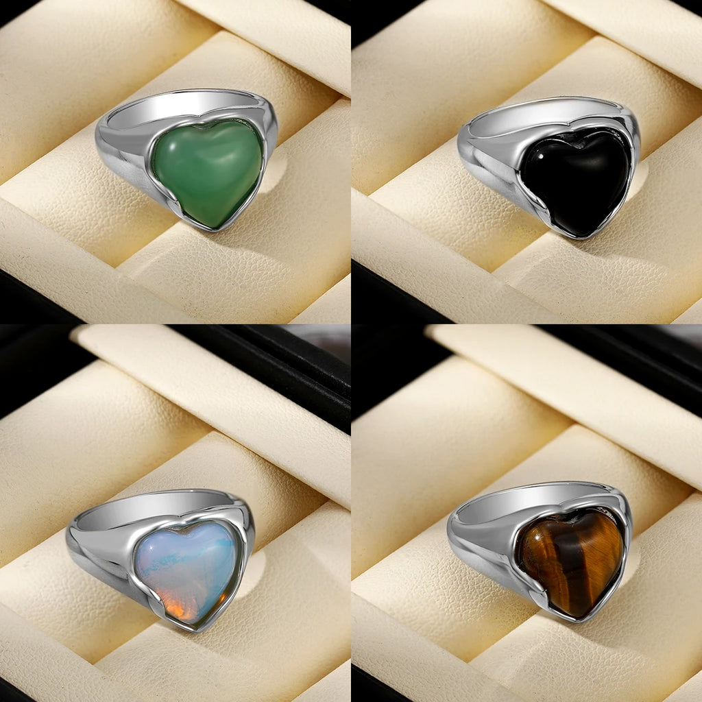 Delicate Chunky Love Heart Wedding Ring Natural Tiger Eye Stone Copper 18k Gold Plated