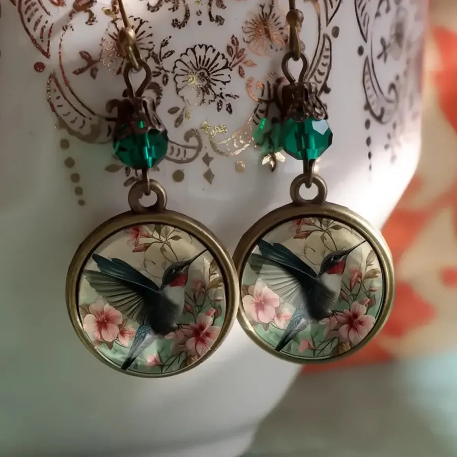 Vintage Green Glass Bead Hummingbird Flower Dangle Earrings for Women