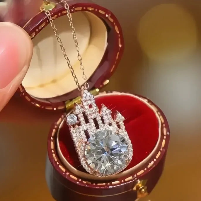 Castle Design Rose Gold Geometric Pendant Necklace with Cubic Zirconia Gems