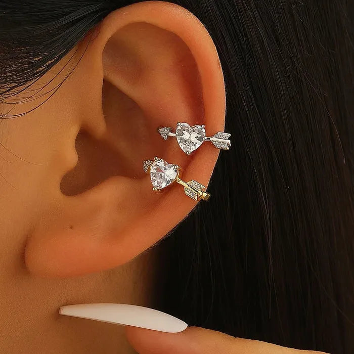 Adjustable Arrow-Through-Heart Zircon Clip Earrings for Women Zinc Alloy Jewelry