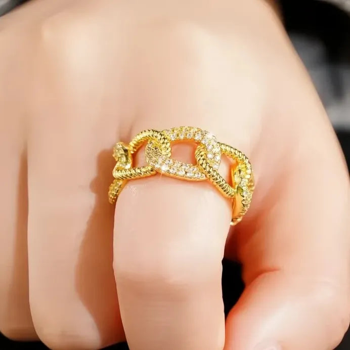Adjustable Gold Brass CZ Chain Link Geometric Ring for Women