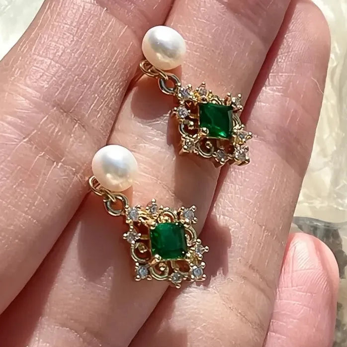 Copper Alloy Green Cubic Zirconia Drop Earrings with Removable Pearl for Women