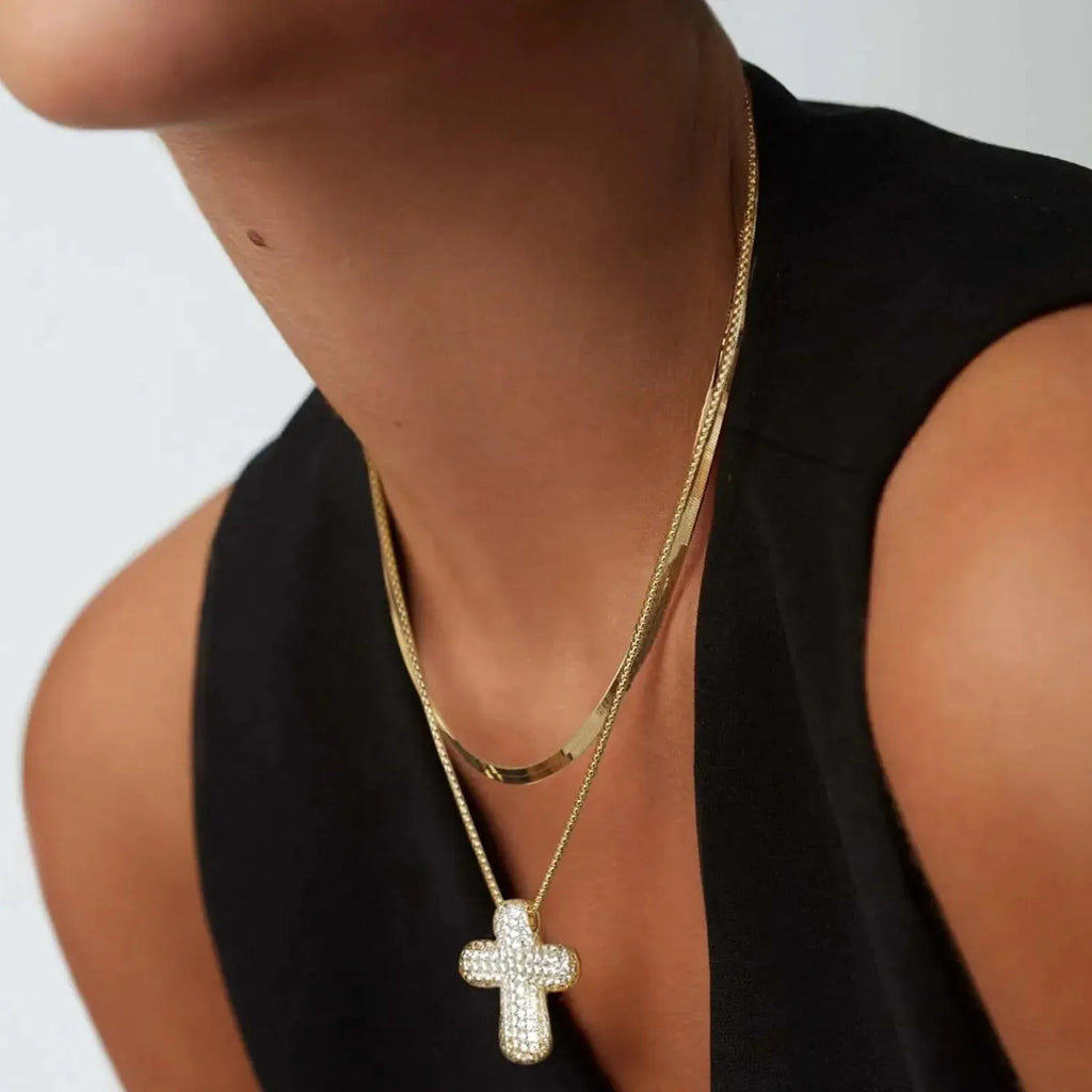 18K Gold Plated Zircon Thick Cross Pendant Necklace Stainless Steel Chain Jewelry