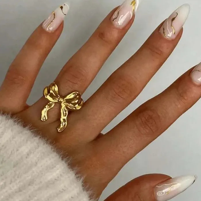 Adjustable Gold Color Stainless Steel Bowknot Ribbon Ring for Women Jewelry Gift