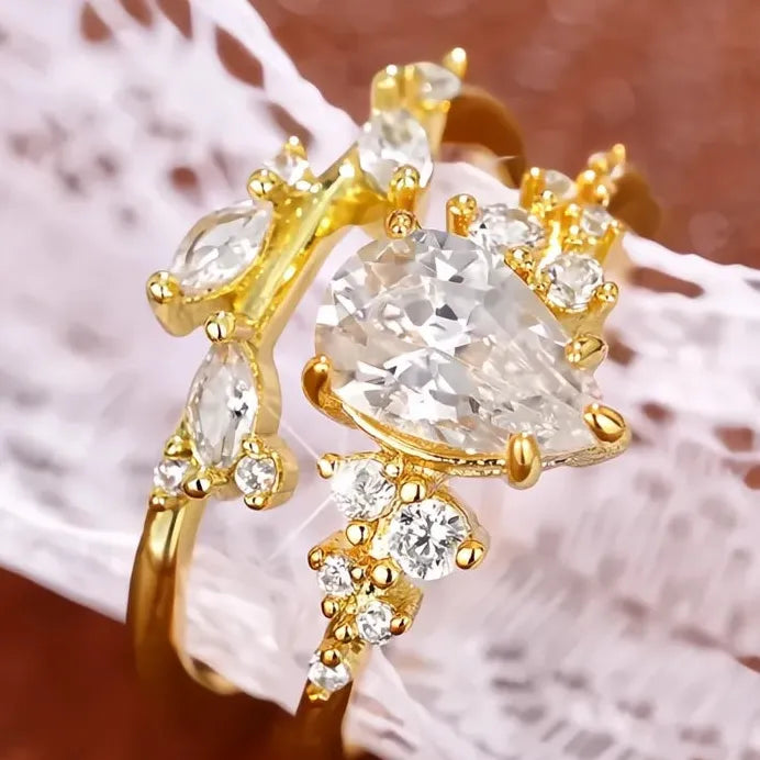 Pear Cubic Zirconia Bridal Wedding Ring Set Gold Tone Elegant Jewelry
