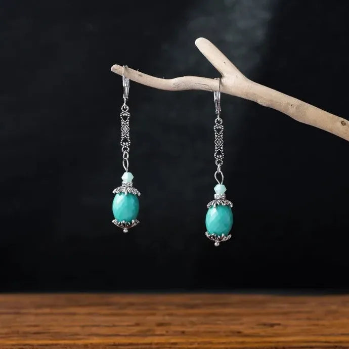 Vintage Geometric Blue Gemstone Drop Earrings Silver Zinc Alloy Leaves Jewelry Women