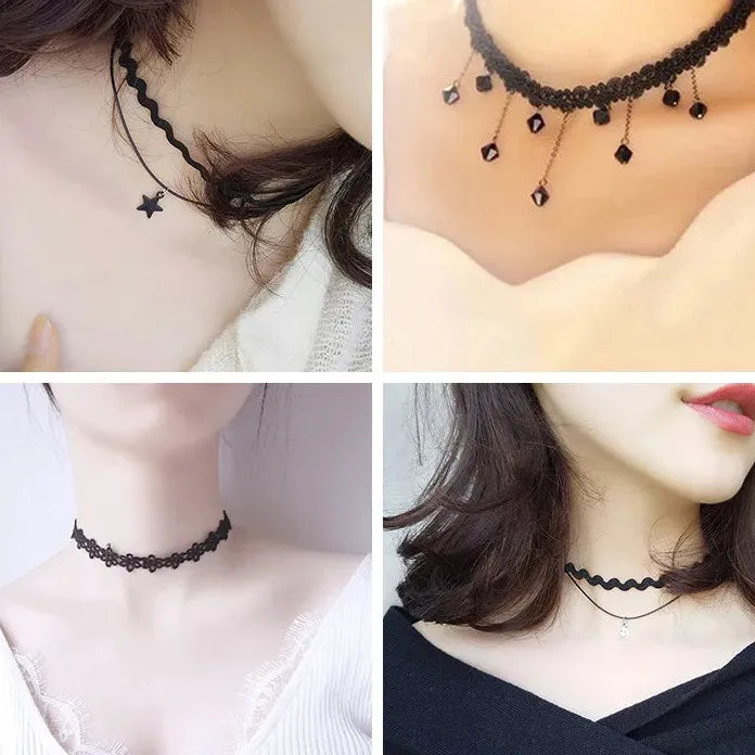 Black Velvet Heart Crystal Pendant Lace Choker Necklace Retro Gothic