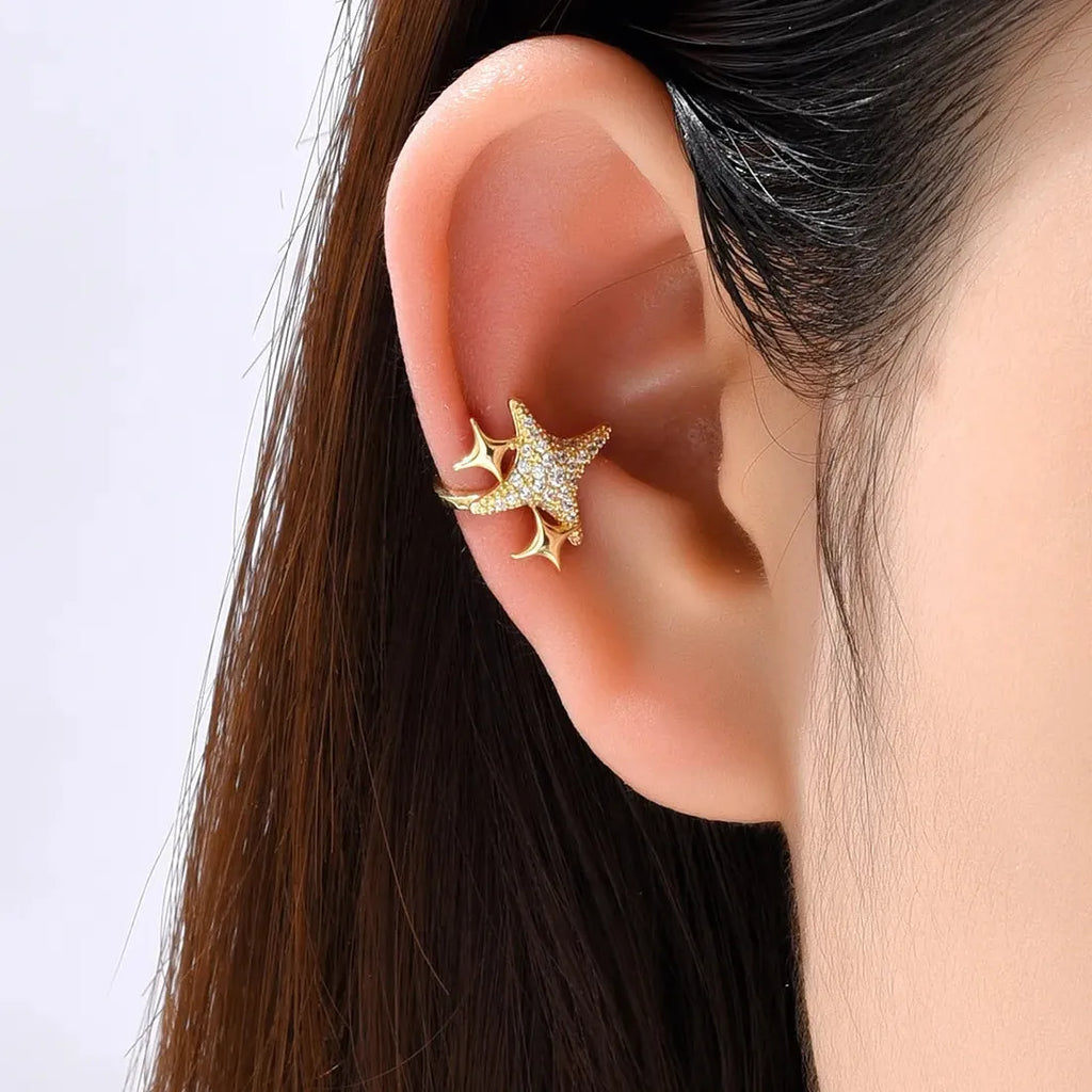 Copper Rhinestone Star Clip-On Earrings No Piercing Ear Cuff Women Girls